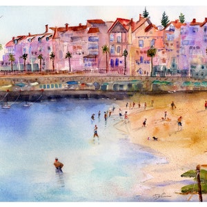 Portugal Wall Art Painting, Cascais Portugal Watercolor Landscape, Abstract Colorful Beach Watercolor, Gifts for mom