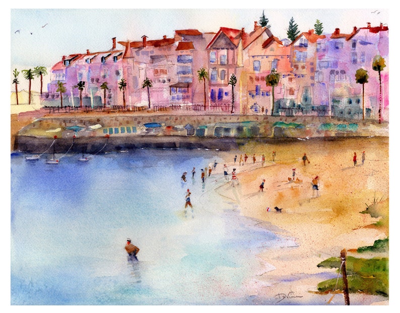 Portugal Wall Art Painting, Cascais Portugal Watercolor Landscape, Abstract Colorful Beach Watercolor, Gifts for mom image 1