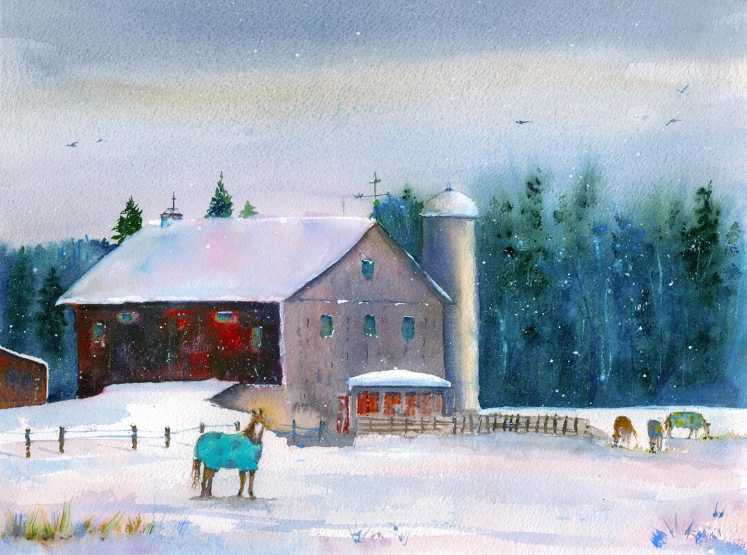 Winter Landscape With Horses Watercolor Print, Snowy Red Barn Art - Etsy