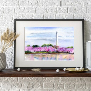 Cherry Trees Washington, DC Clem DaVinci Watercolors Washington Monument 11x14 inches