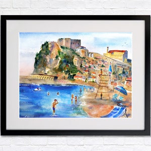 italy print wall art CALABRIA Italy Painting Scilla Beach Italian Beaches Watercolor Landscape Castello Ruffo Wall Art Italy Home Decor Gift image 2