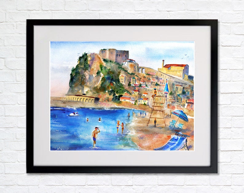 italy print wall art CALABRIA Italy Painting Scilla Beach Italian Beaches Watercolor Landscape Castello Ruffo Wall Art Italy Home Decor Gift image 2