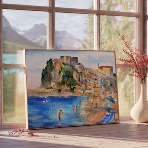 italy print wall art CALABRIA Italy Painting Scilla Beach Italian Beaches Watercolor Landscape Castello Ruffo Wall Art Italy Home Decor Gift print 11x14 inches