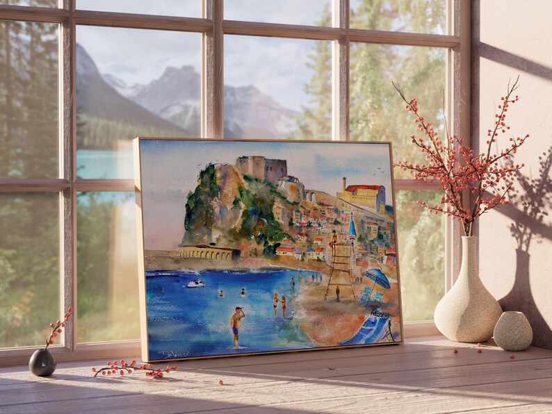 italy print wall art CALABRIA Italy Painting Scilla Beach Italian Beaches Watercolor Landscape Castello Ruffo Wall Art Italy Home Decor Gift print 11x14 inches