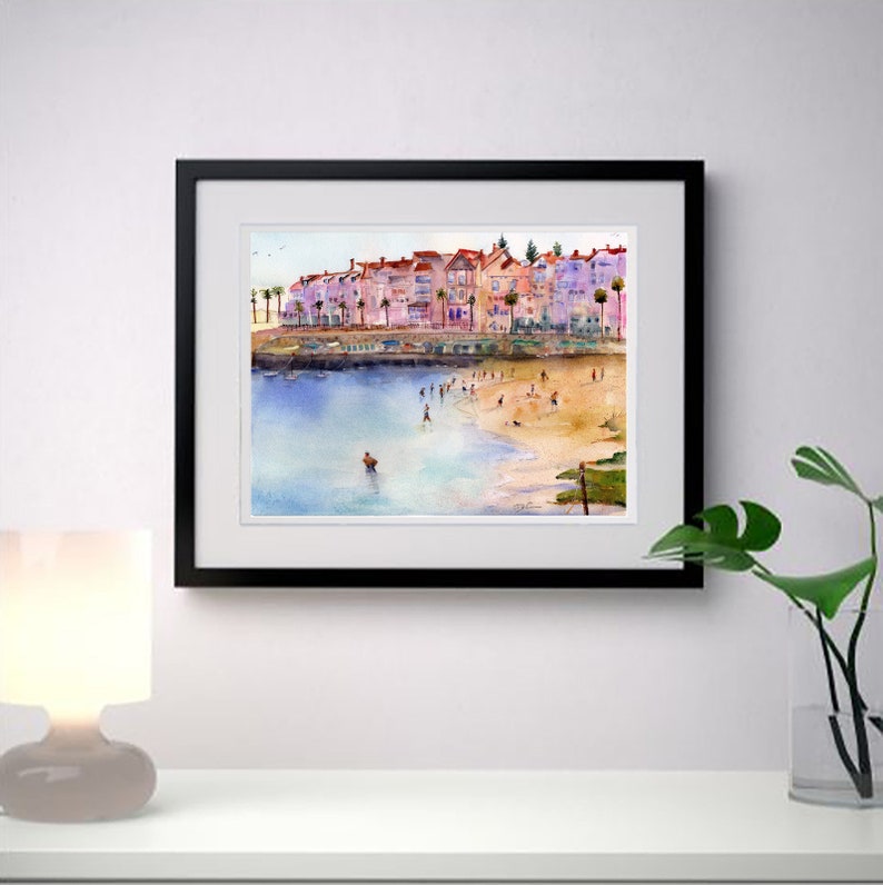 Portugal Wall Art Painting, Cascais Portugal Watercolor Landscape, Abstract Colorful Beach Watercolor, Gifts for mom image 5