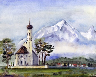 Bavarian Alps Landscape Watercolor of Church of Santa Coloman Wall Art German Landscape Painting Home Decor Gift for German heritage