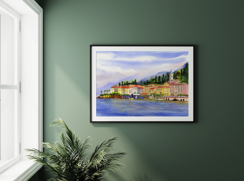 Bellagio Lake Como Italy Watercolor Landscape Italian Lake Prints of Bellagio on Lake Como Italy Wall Decor Italy Watercolor prints image 3