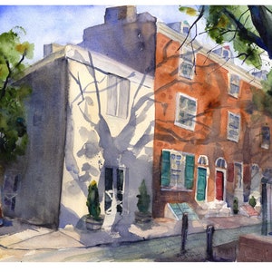 May include: Watercolor painting of two brick row houses with a tree in the foreground. The house on the left is painted in shades of gray and the house on the right is painted in shades of orange. The tree is casting a shadow on the side of the house.