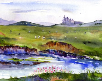 May include: Watercolor painting of a landscape with a castle in the distance, a river in the foreground, and sheep grazing in a field.