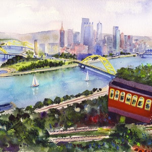 Pittsburgh Pennsylvania City View Watercolor Of Pittsburgh Cityscape Duquesne Incline Viewing Pittsburgh Wall Art Gift