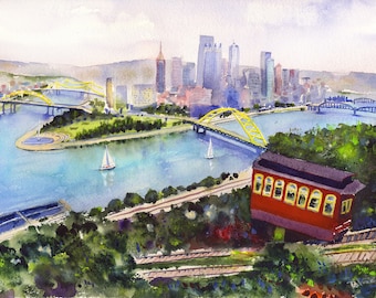 Pittsburgh Pennsylvania City View aquarel van Pittsburgh Cityscape Duquesne Incline bekijken Pittsburgh Wall Art Gift