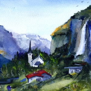 Switzerland, Lauterbrunnen    - Clem DaVinci, Watercolor Landscapes, Waterfalls