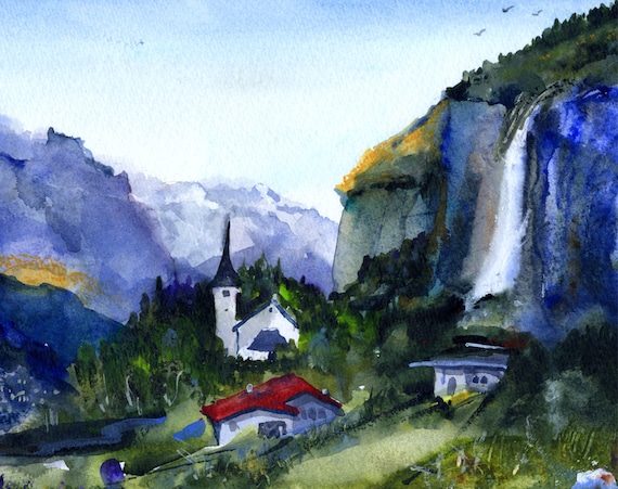 スイス、ラウターブルンネン - クレム・ダ・ヴィンチ、水彩風景画、滝