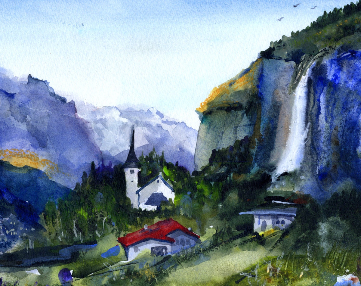 スイス、ラウターブルンネン - クレム・ダ・ヴィンチ、水彩風景画、滝