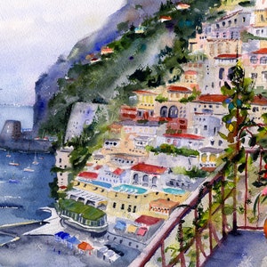 May include: A watercolor painting of a colorful Italian village built on a steep cliffside overlooking the ocean. The painting features a balcony with a potted plant and a view of the sea.