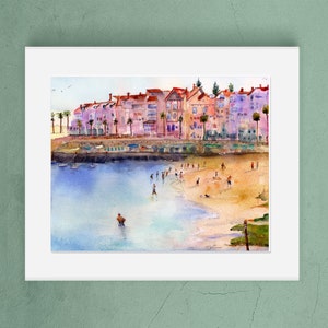 Portugal Wall Art Painting, Cascais Portugal Watercolor Landscape, Abstract Colorful Beach Watercolor, Gifts for mom 8x10w/WhtMat_11x14 inches