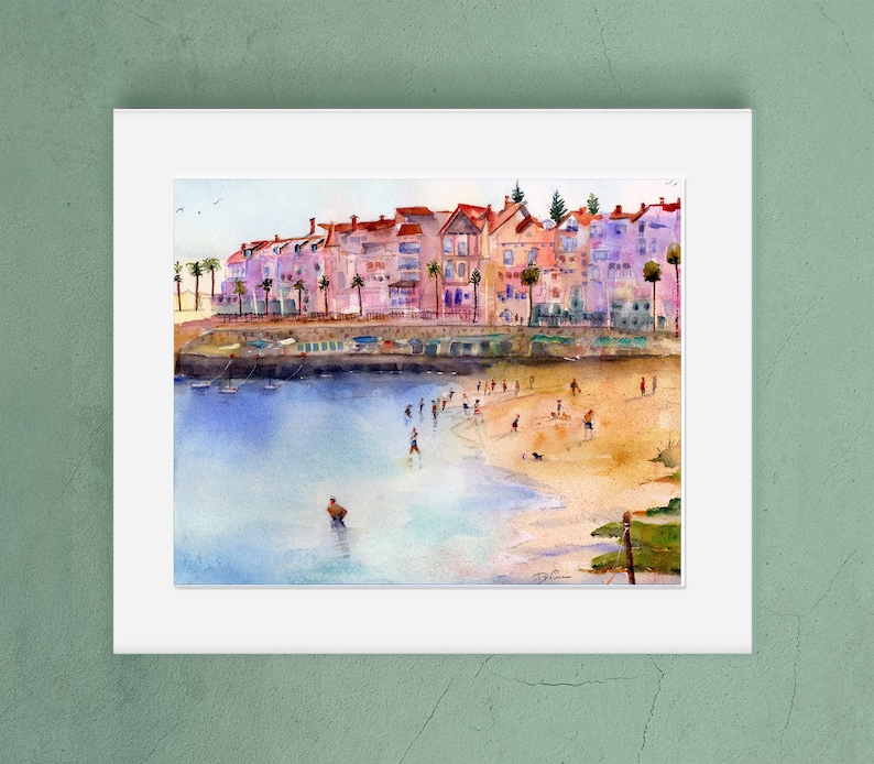 Portugal Wall Art Painting, Cascais Portugal Watercolor Landscape, Abstract Colorful Beach Watercolor, Gifts for mom 8x10w/WhtMat_11x14 inches