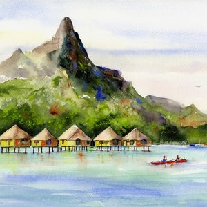 Bora Bora acuarela Polinesia Francesa pared arte acuarela isla paisaje impresión Bora-Bora isla impresiones 5x7 impresiones de cabañas de agua arte de la pared