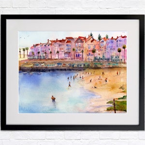 Portugal Wall Art Painting, Cascais Portugal Watercolor Landscape, Abstract Colorful Beach Watercolor, Gifts for mom image 8