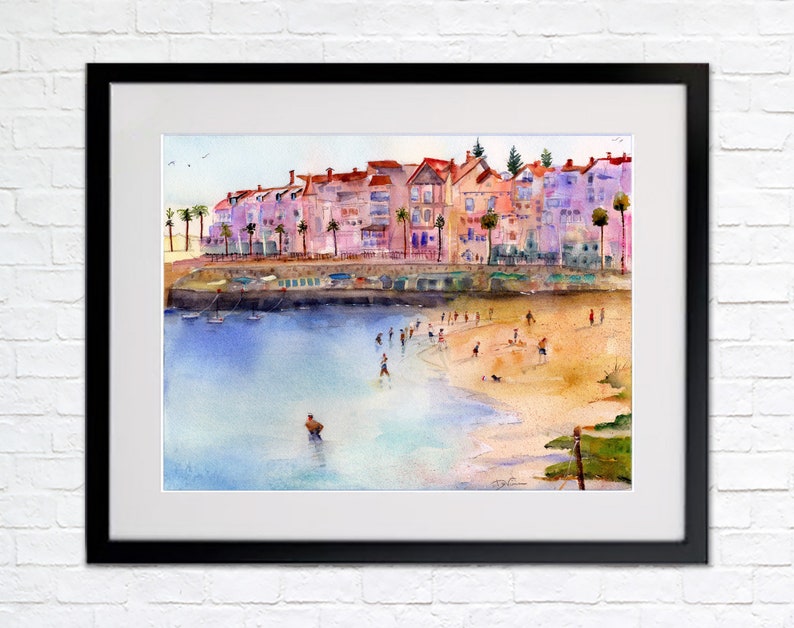 Portugal Wall Art Painting, Cascais Portugal Watercolor Landscape, Abstract Colorful Beach Watercolor, Gifts for mom image 8