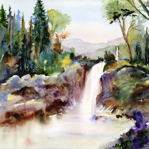 Waterfall Print Wall Art Watercolor Landscape Waterfall Painting Nature Wall Art Prints Waterfall Poster
