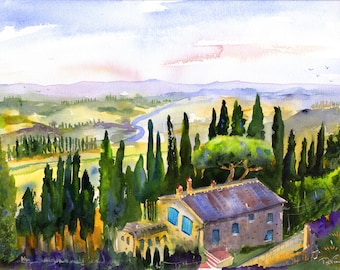 Tuscany Landscape Watercolor Print, Italian Wall Art