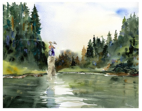 Fly Fishing Watercolor Fly Fisherman Watercolor Painting Gift for Fishermen  Fly Fishing Artwork Gone Fishing Print Watercolor Landscape 