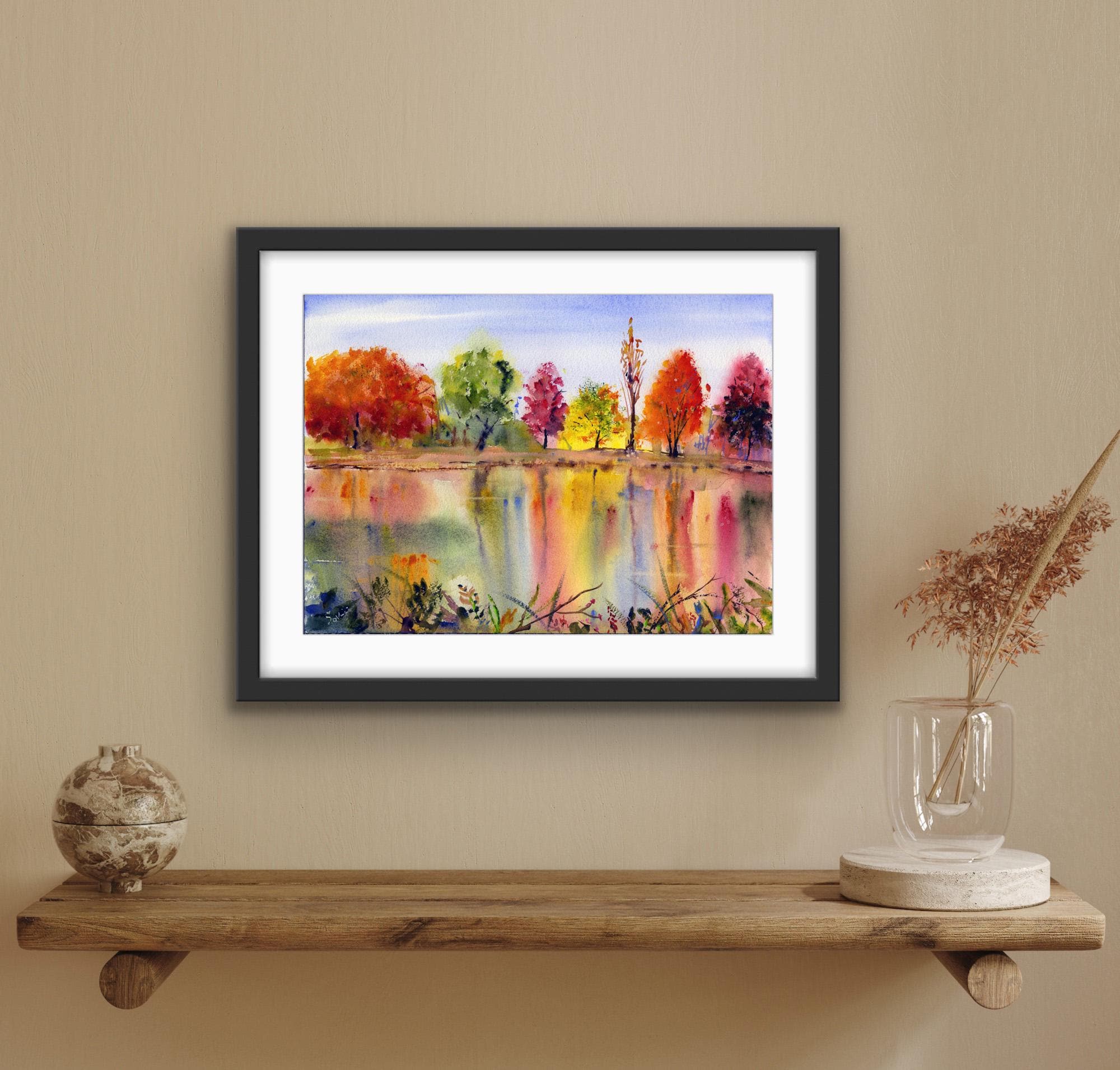 秋の水彩風景画 色鮮やかな紅葉の絵画 秋の壁アート - Etsy 日本