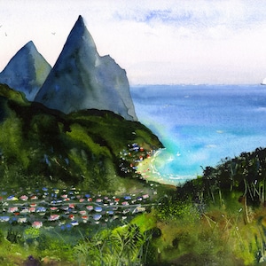 Saint Lucia Pitons Prints St. Lucia Prints St Lucia Poster Abstract Beach Prints beach decor Carribean Island wall art watercolor
