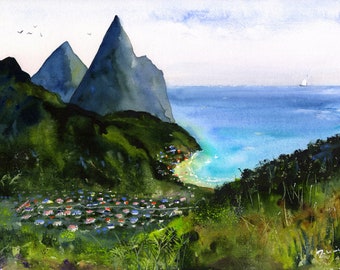 Saint Lucia Painting, St. Lucia Travel Art Print, St Lucia Poster Abstract Beach Prints Beach House Decor,  Island Wall Art Watercolor