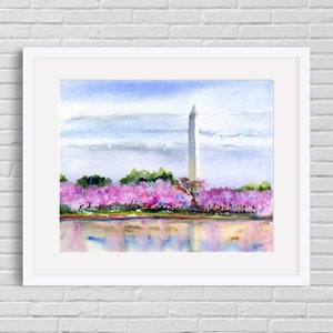 Cherry Trees Washington, DC Clem DaVinci Watercolors Washington Monument 8x10 inches