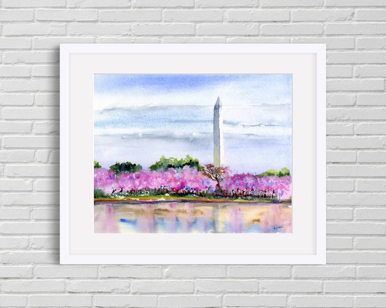 Cherry Trees Washington, DC Clem DaVinci Watercolors Washington Monument 8x10 inches