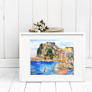 italy print wall art CALABRIA Italy Painting Scilla Beach Italian Beaches Watercolor Landscape Castello Ruffo Wall Art Italy Home Decor Gift print 5x7 inches