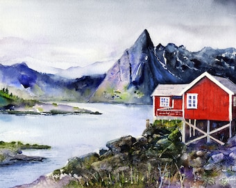 Norway Cottage Watercolor Painting: Lofoten Islands Art Print