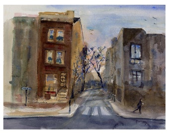 Running With Joe - Coffee Lover's Wall Art - Cityscapes - Philly Wall Art - Philadelphia Brownstones - Clem DaVinci Watercolors