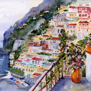 May include: A watercolor painting of a colorful Italian village built on a hillside overlooking the ocean. The scene is viewed from a balcony with potted plants and a terracotta vase.