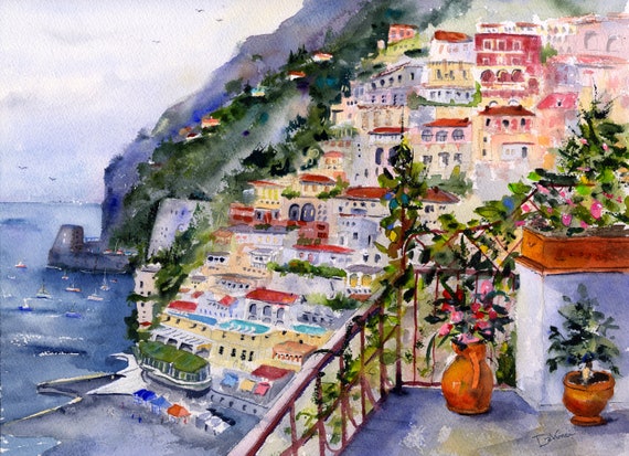 Positano Italy Watercolor Print, Italian Coastal Art (Digital Download)