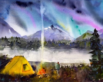 Northern Lights Watercolor Print: Norway Aurora Borealis Landscape