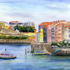 Portugal Wall Art, City of Porto Portugal Landscape Watercolor, Port Wine Country landscapes, portuguese wall decor