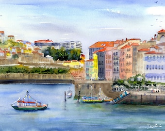 Portugal Wall Art, City of Porto Portugal Landscape Watercolor, Port Wine Country landscapes, portuguese wall decor