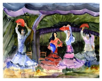 Flamenco Dancers Watercolor, Flamenco dancers with fans, Spanish Wall Art, Clem DaVinci Watercolors