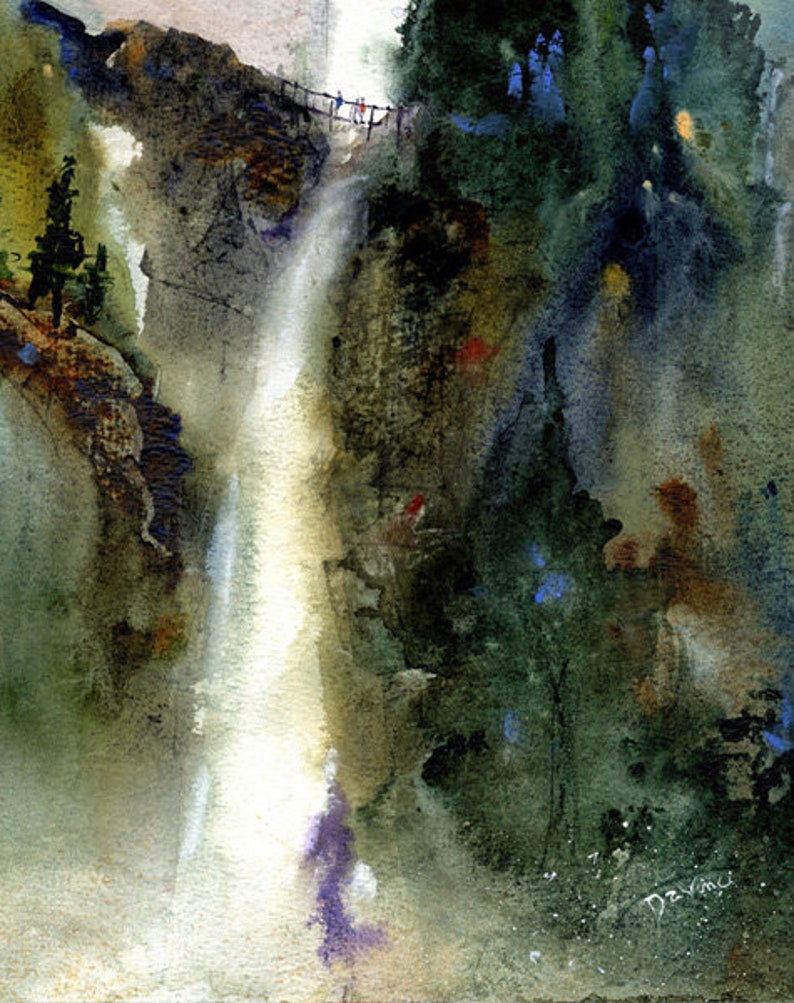 Yosemite Falls Watercolor Waterfall Ribbon Falls Loose Etsy