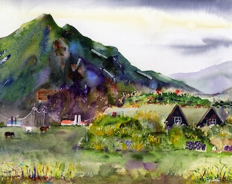 ICELAND - Turf houses  - Watercolor landscape - Iceland Wall Art - Golden Circle - Clem DaVinci Watercolors - South Shore