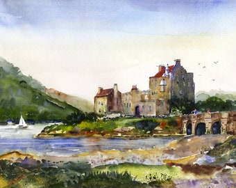 Impresión de acuarela del castillo de Eilean Donan, arte de la pared del paisaje de Escocia