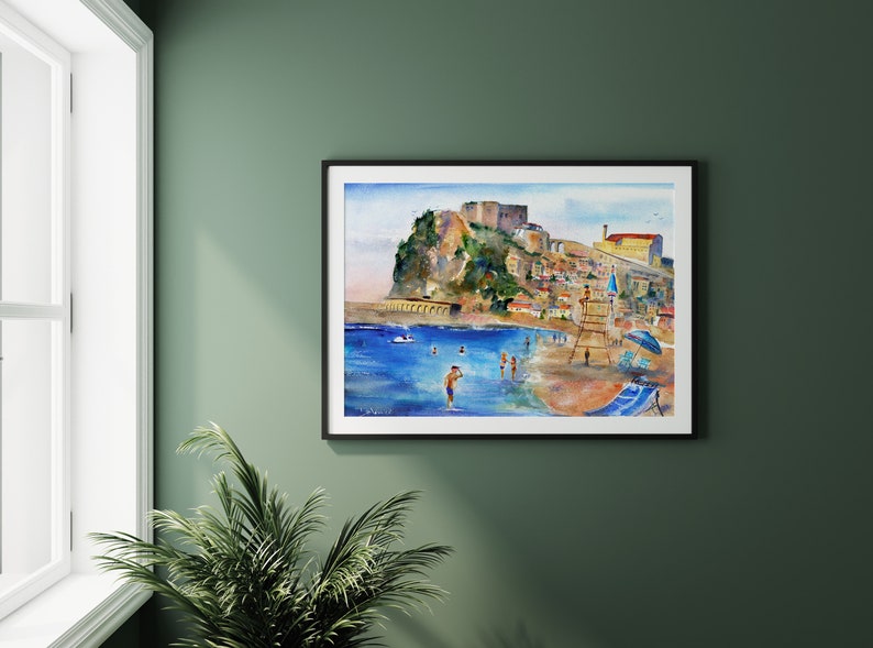 italy print wall art CALABRIA Italy Painting Scilla Beach Italian Beaches Watercolor Landscape Castello Ruffo Wall Art Italy Home Decor Gift print 16x20 inches