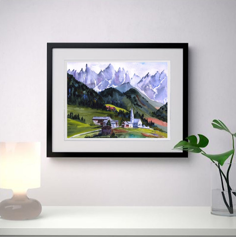 Italian Alps Watercolor Print, Santa Maddalena, St. Magdalena village and church, Italian Dolomites Wall Art, Italy Abstract Wall Decor, image 5