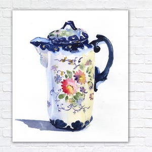 Tea Pot Watercolor Abstract, Vintage Tea Pot Print Framed, Kitchen Wall Art Paintings, Blue With Flowers Teapot Floral Vase