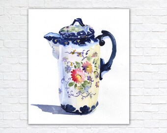 Floral Teapot Watercolor Print, Vintage Kitchen Wall Art