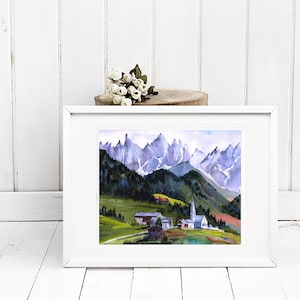 Italian Alps Watercolor Print, Santa Maddalena, St. Magdalena village and church, Italian Dolomites Wall Art, Italy Abstract Wall Decor, image 8