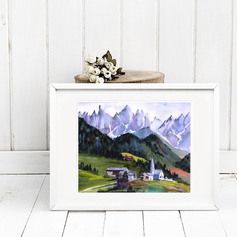 Italian Alps Watercolor Print, Santa Maddalena, St. Magdalena village and church, Italian Dolomites Wall Art, Italy Abstract Wall Decor, image 8